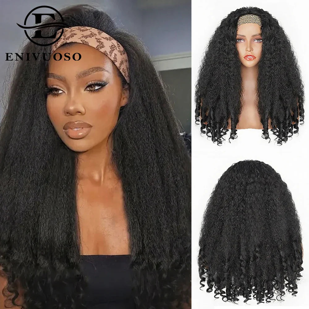 Afro Kinky Straight V Part Wigs with Bouncy Curls Short Synthetic Glueless Wigs for Black Women No Leave Out Clip in Half Wigs