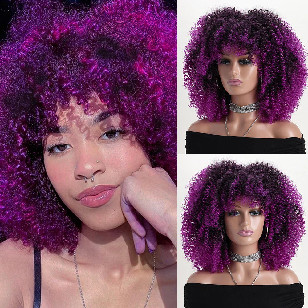 16 Inch Afro Kinky Curly Hair Wigs With Bangs Soft Fluffy Synthetic Fiber None Lace Wigs For Party Cosplay Daily Use