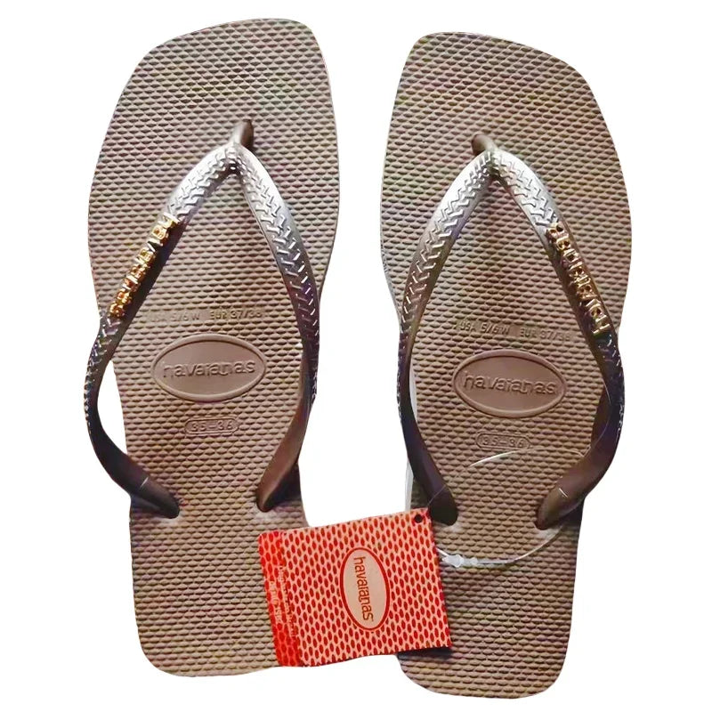 2025 Summer New Women's Square Toe Rubber Flip Flops Outdoor Beach Sandals Luxury Casual Slippers Size 35-42 Women's Shoes