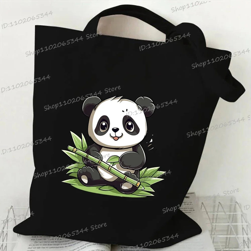Canvas Bag for Women Cartoon Panda Printed Shopper Handbags Storage Reusable Canvas Shoulder Bag China Panda Female Tote Bag