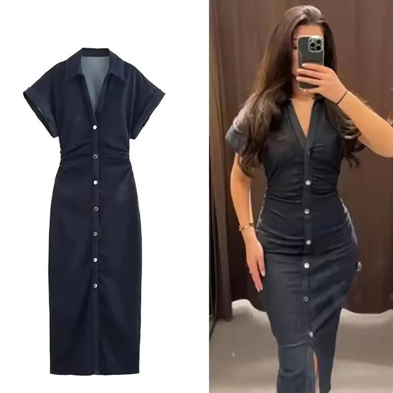 Denim Dress Women's Spring Summer Casual Long Dresses For Women 2025 New Fashion Ruched Short Sleeve Streetwear Midi Dress