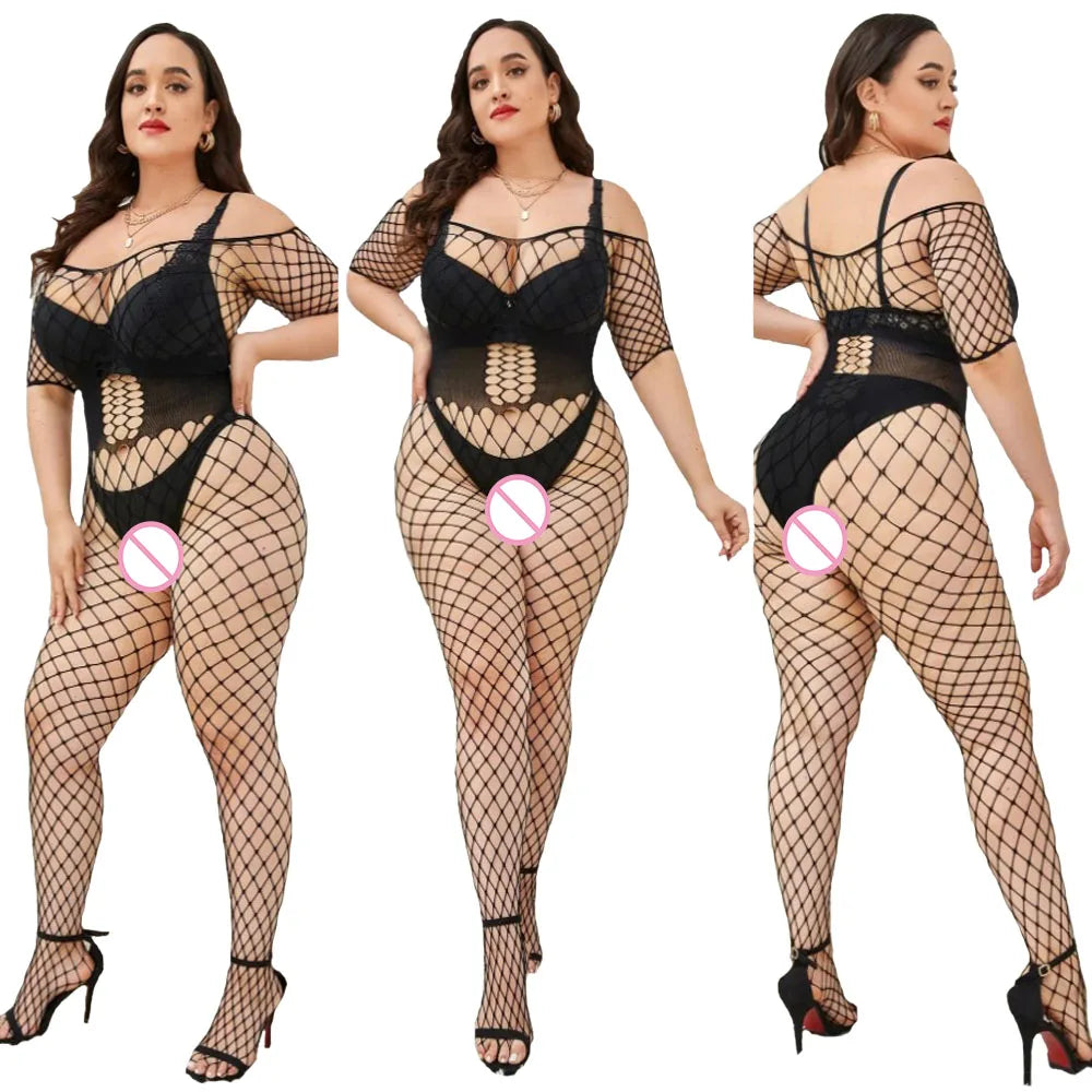 2024 New Plus Size Bodystocking Bodysuits For Women Sexy Fishnet Lingerie Babydoll Dress Porno Underwear Mesh Stockings For Sex