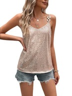 2024 Women´s Summer Sequin Cami Tops Spaghetti Strap V-Neck Sparkle Shimmer Loose Sleeveless Tanks Tops