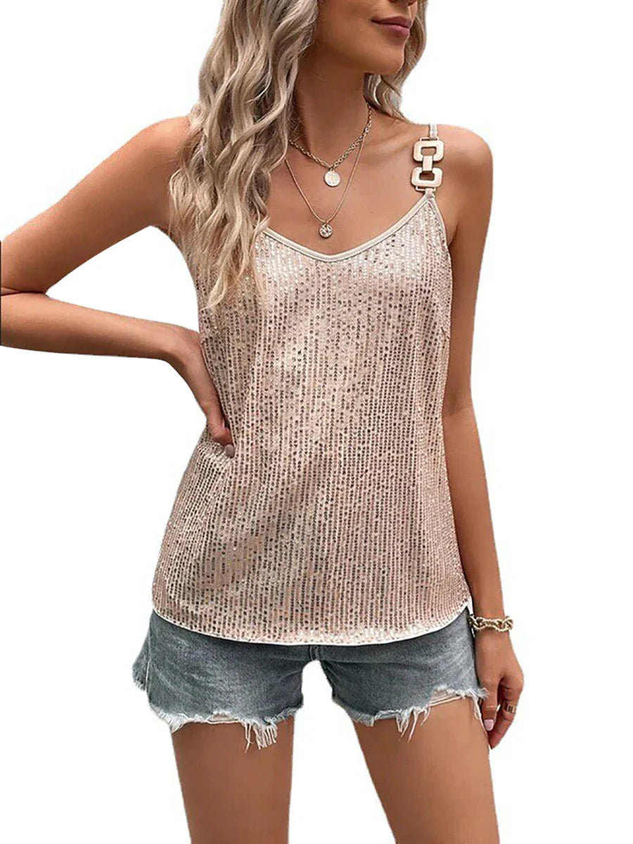 2024 Women´s Summer Sequin Cami Tops Spaghetti Strap V-Neck Sparkle Shimmer Loose Sleeveless Tanks Tops