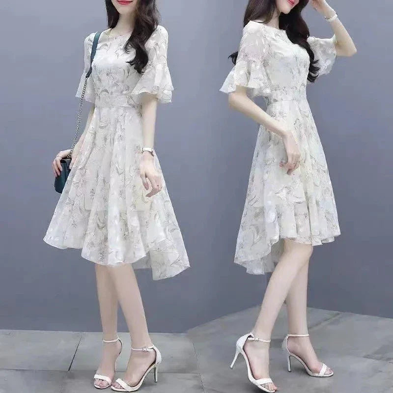 Ele Summer  Women's Midi Dr ang Hai Sle Sweet Princ round Ne ort Sve A-Line Skirt Printed Chiffon Dr