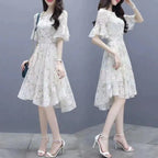 Ele Summer  Women's Midi Dr ang Hai Sle Sweet Princ round Ne ort Sve A-Line Skirt Printed Chiffon Dr