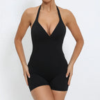 Gym Sport Jumpsuit Short Jumpsuit with Pocket Women Sportswear One Piece Yoga Set Sexy Backless Scrunch Fitness Overalls Romper