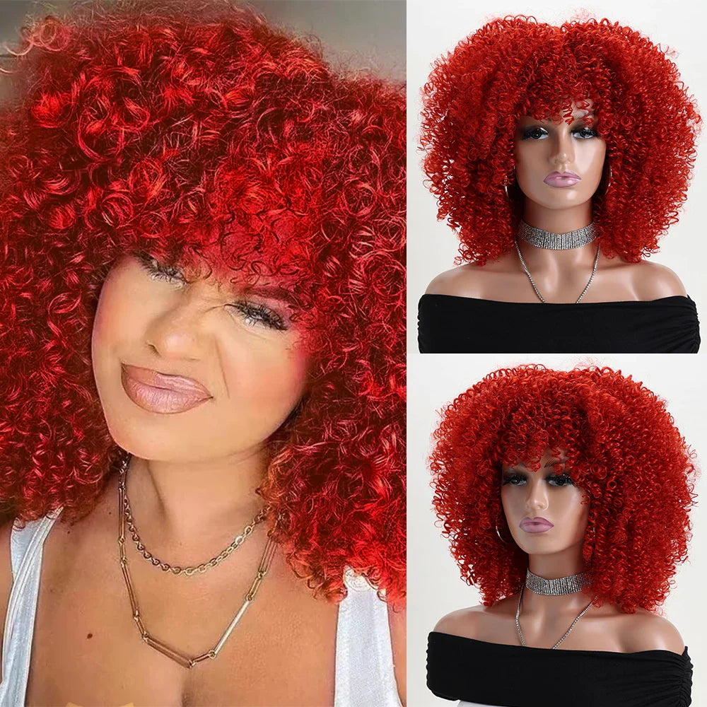 16 Inch Afro Kinky Curly Hair Wigs With Bangs Soft Fluffy Synthetic Fiber None Lace Wigs For Party Cosplay Daily Use