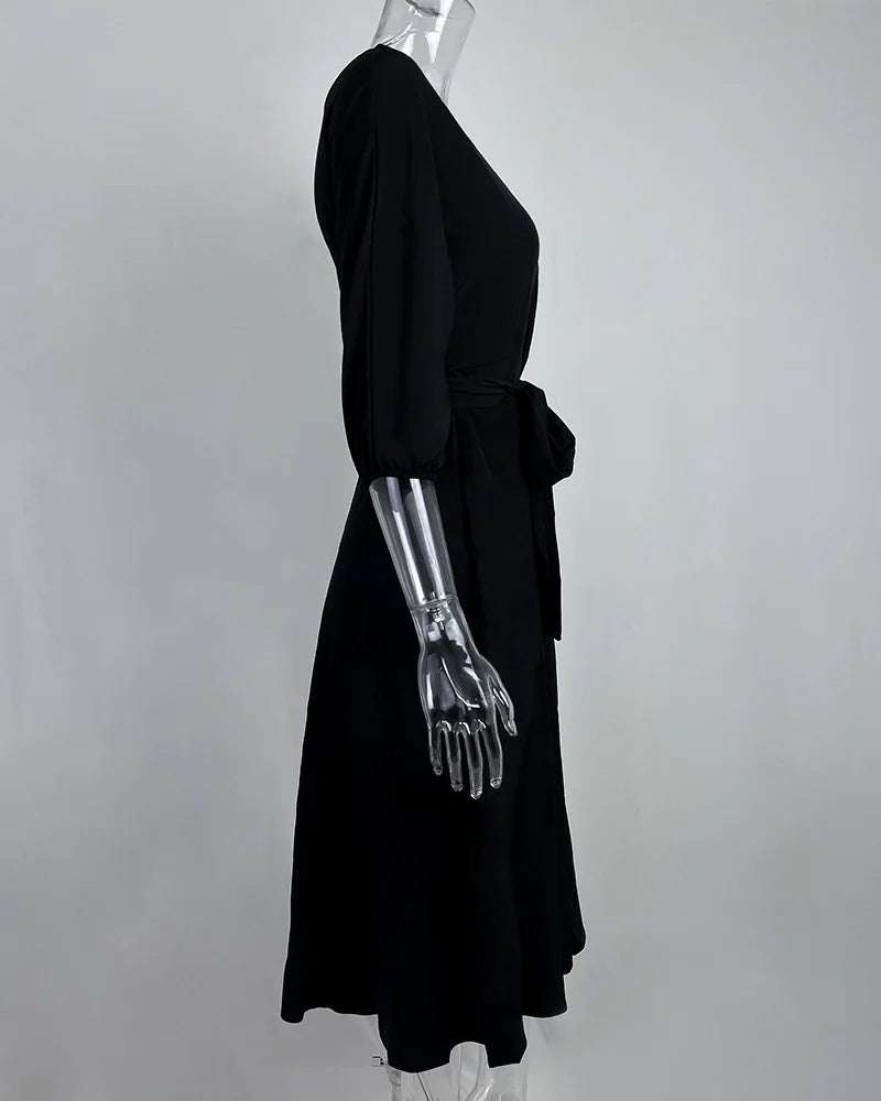 Elegant Women's Spring/Summer Fashion Green Diagonal Neck Middle Sleeve Casual Dress Women's Casual Retro Long Dress s-3XL