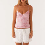 Combhasaki Women Summer Sleeveless Beading Camis Top V-neck Tie-up Cross Backless Pearl Glitter Sequin Flower Embroideried Vest