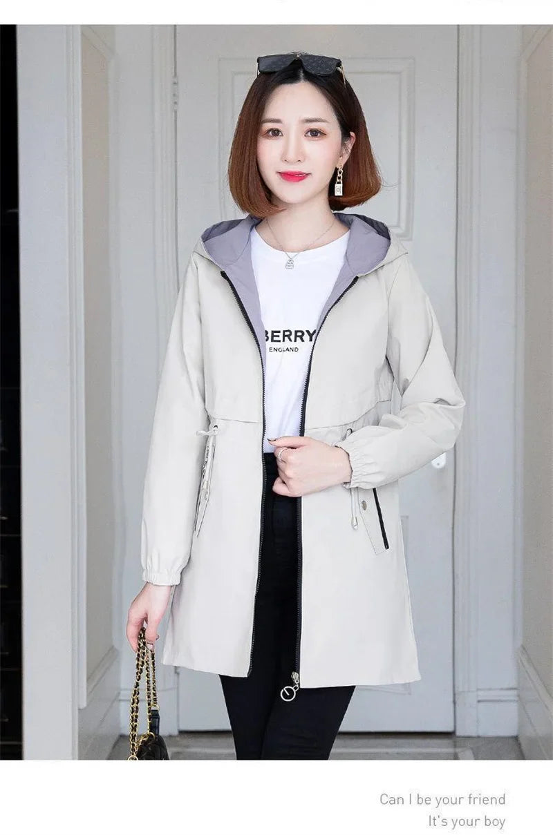 Double-Sided Trench Coat Women 2023New Fashion Spring Autumn Clothes Hooded Mid-Length Windbreakers Female Outerwear Casual Tops