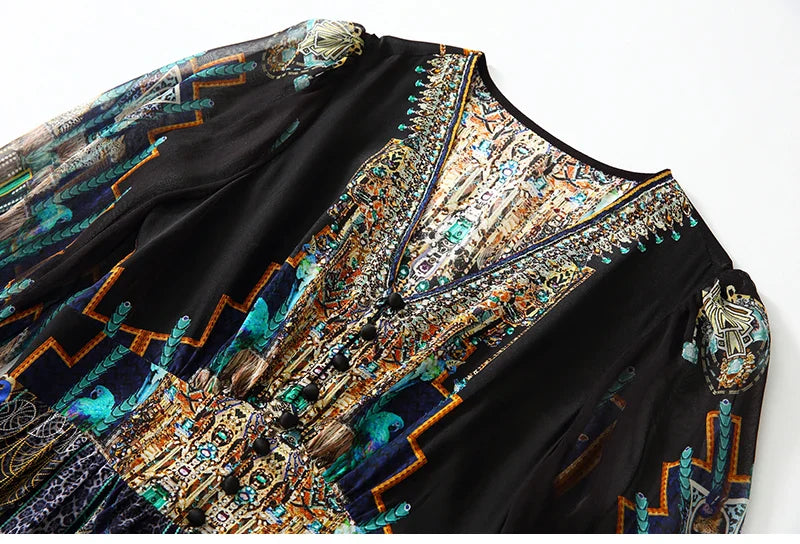 2025 Summer Bohemian Dresses For Women Elegant V-neck High Waist Women's Print Black Dress A-line 100% Real Silk Long Midi Dress