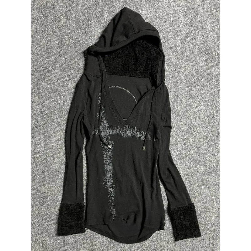 Deeptown Y2k Black Vintage Printed Hoodies Women V Neck Long Sleeve American Fashion Hooded Sweatshirt Streetwear Hip Hop Spring