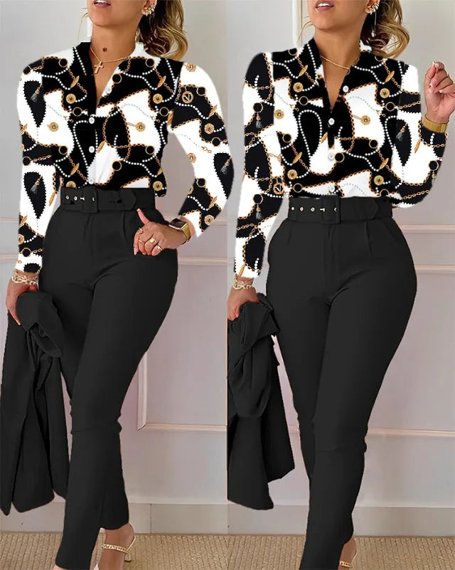 Elegant Women Printed Two Piece Suit Sets Spring Autumn V Neck Long Sleeve Shirt Top & Long Pants Set With Belt Workwear Outfits