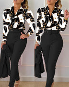 Autumn Winter Stand Neck Floral Print Long Sleeve Shirt Pants Two Piece Sets Elegant Women Casual Shirt Trousers Suits With Belt