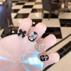 10Pcs Short Square Round Handmade Nails Bow Black and White Bear Fake Nail Diamond Decoration Removable Wearable Nail for Women
