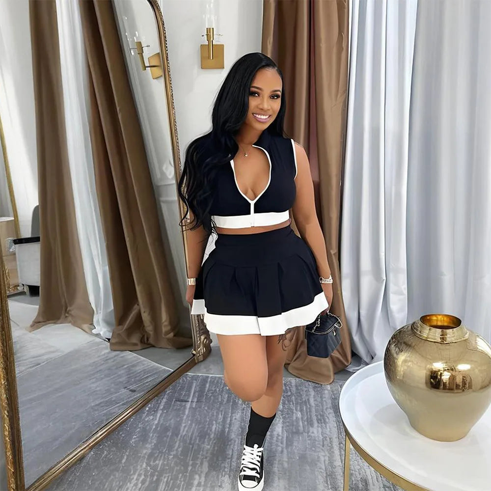 CM.YAYA Women's Set Sleeveless V-neck Vest  + Pleated Skirts 2025 Summer Cute Street Beach Two 2 Piece Sets Outfits Tracksuit