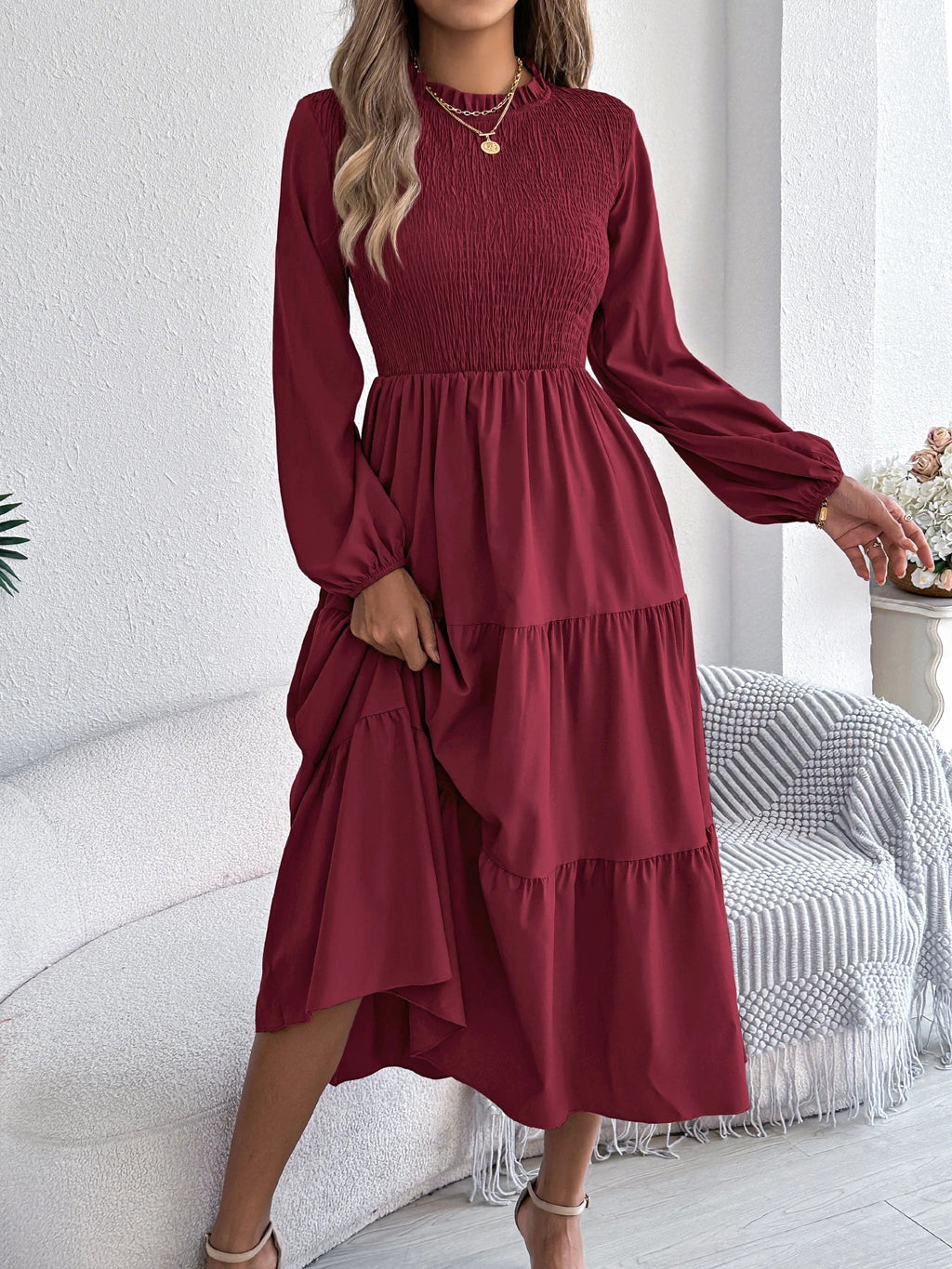 Autumn Winter Elegant Dresses for Woman Solid Color Round Neck Long Sleeve Ruffled Dresses Khaki Green Red
