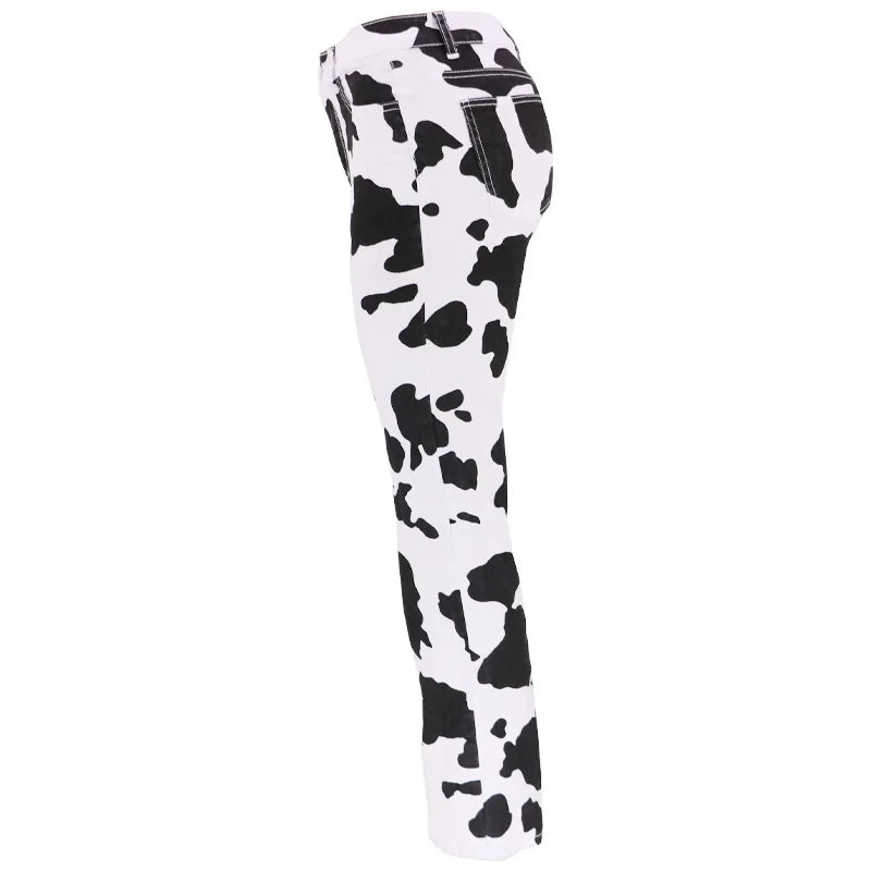 Cow Print High Waist Straight Jeans Women New Comfortable Casual Denim Pants Female Four Seasons Trousers 2024 Trend Streetwear