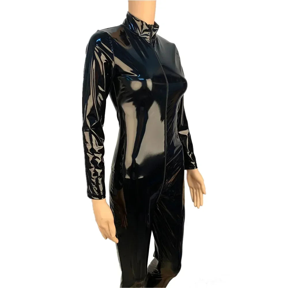 2025 Halloween Women's Wet Look Shiny PU Faux Leather Jumpsuit Suit Long Sleeve Zipper Open Crotch Latex Bodysuit Clubwear