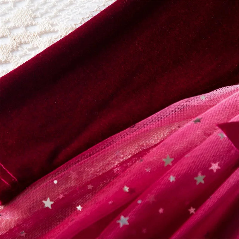 2025 Red Christmas Dress for Baby Girls Winter Long Sleeve Mesh Dresses for 3-8Yrs Kid Star Sequin Birthday Party Princess Dress