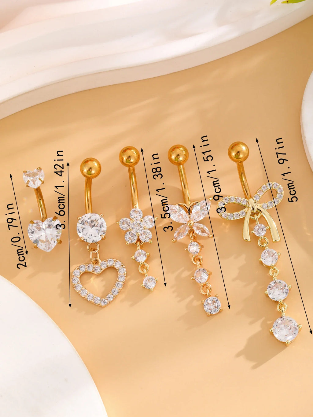 14G Gold Color Series Butterfly Dangled Belly Piercing Sets 5PCS/Lot Heart Flower Curved Navel Navel Ring Belly Button Rings