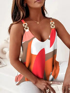 Deep V Geometric Printed Tank Top Women's Chain Strap Sleeveless T-shirt Summer Trendy Vest Top
