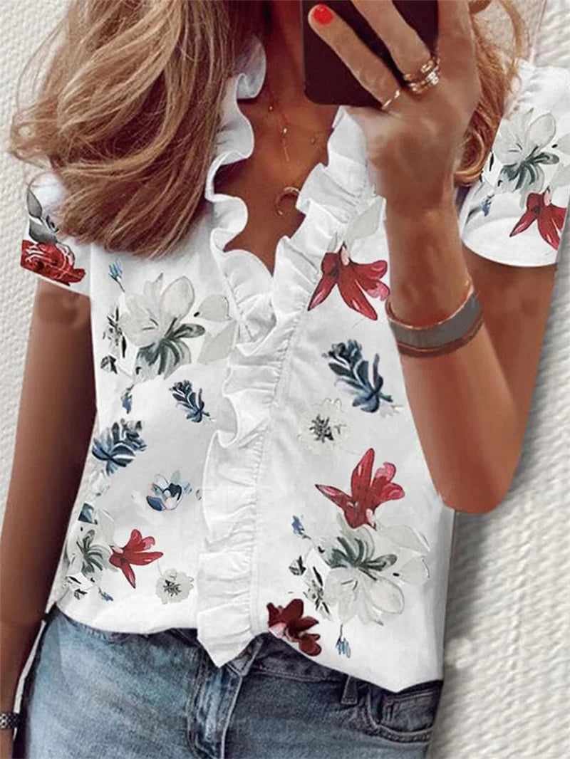 Casual Short Sleeve V-Neck Ruffles Blouses Elegant Office Ladies Shirt Summer Vintage Harajuku Slim Tops Female Boho Tunic Shirt