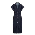 Denim Dress Women's Spring Summer Casual Long Dresses For Women 2025 New Fashion Ruched Short Sleeve Streetwear Midi Dress