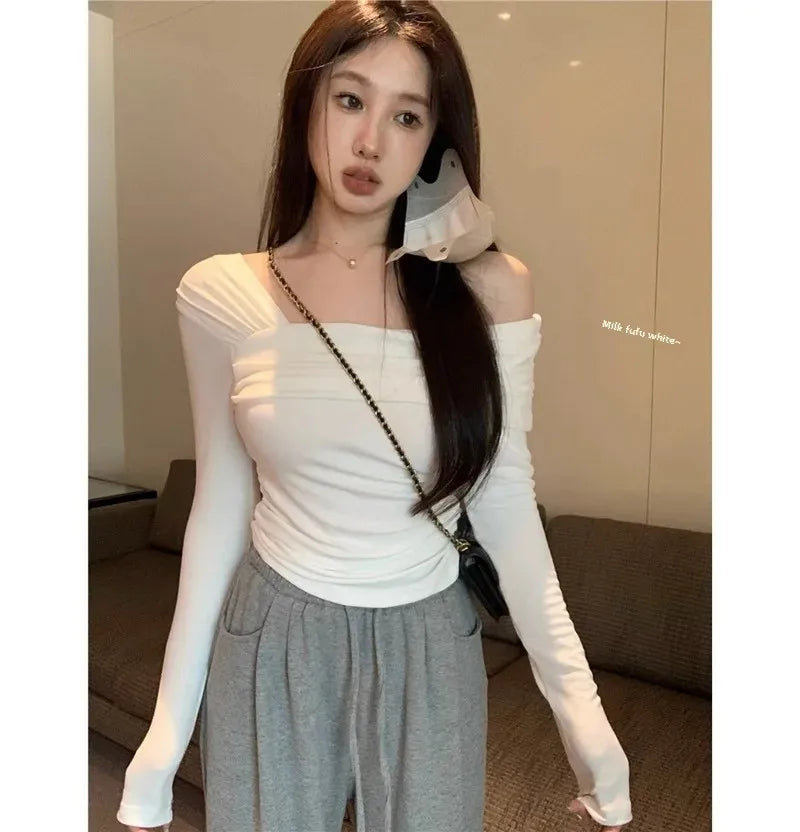 Elegant Off-Shoulder Long Sleeve Knitted Top For Women 2023 Autumn Slimming Smooth Base Layer T-Shirt Polyester Fiber Full Sleev