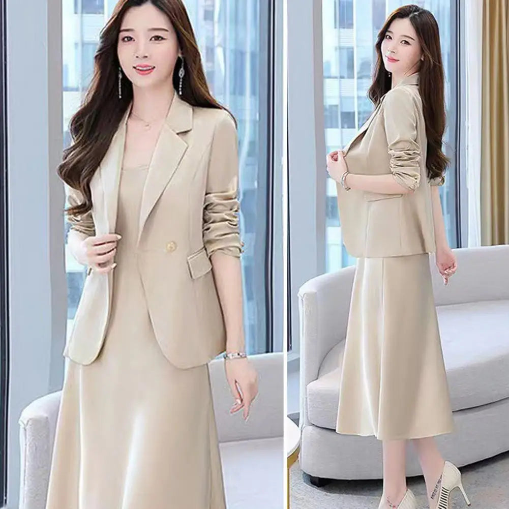 2Pcs/Set Summer Women Suit Dress Outfit  Solid Color Mid-length Lady Dress Sets Light Luxury Commute Sling Dress Coat Set