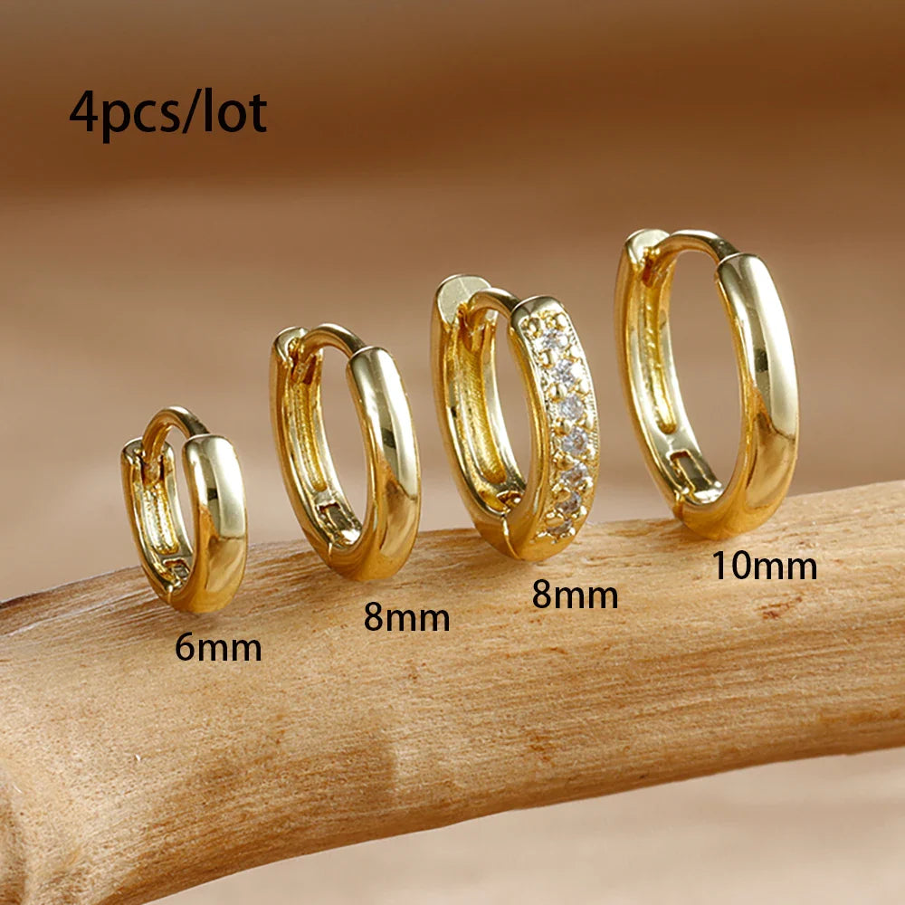4PCS Set Stainless Steel Huggie Minimal Hoop Earrings 6/8/10mm Crystal Zirconia Helix Tragus Cartilage Earrings Piercing Jewelry