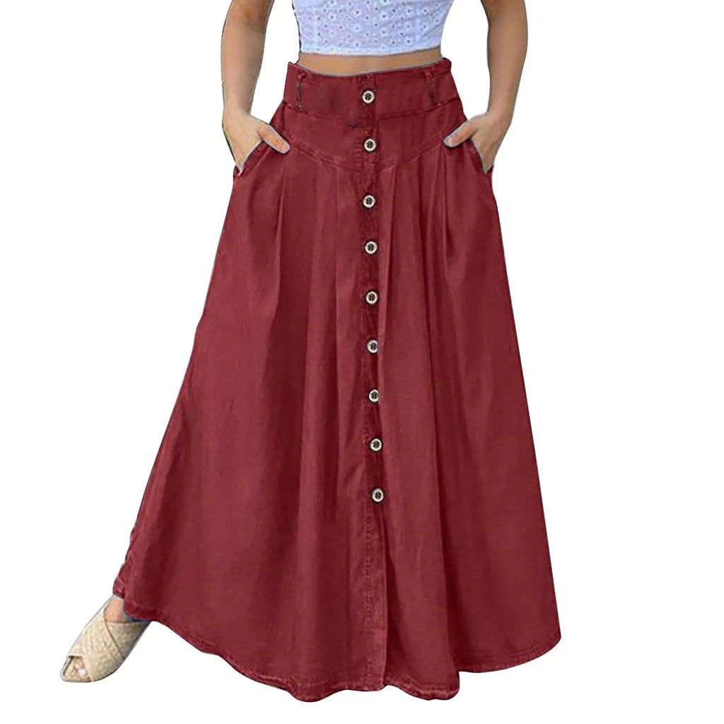 Bed Skirt Full Women's Spring And Summer Casual Loose Solid Color A Line High Waist Skirt With Pocket Buttons Colorful Skirt
