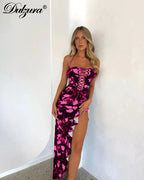 Dulzura Tie Dye Print Lace Up Side Slit Midi Dress For Women Ruffle Long Dress Bodycon Sexy Party Club Outfits 2024 Summer Y2K