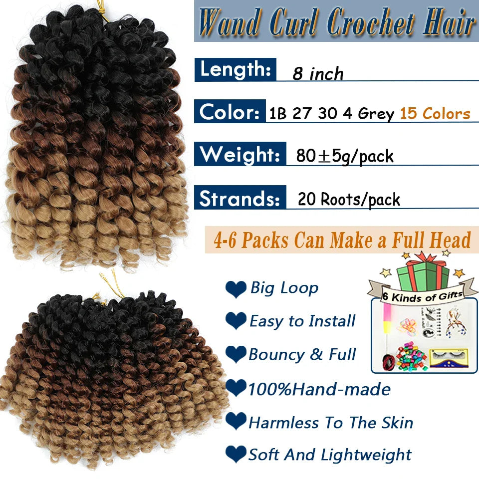 1- 5 Packs 8 inch Jumpy Wand Curl Jamaican Bounce Crochet Hair Natural Black Wand Curls Crochet Hair Short Curly Crochet Braids