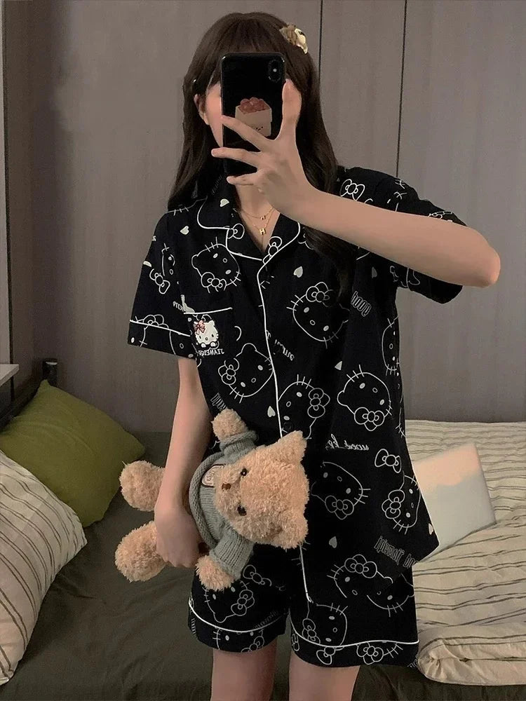 2Pcs/Set Hello Kitty Pajamas Anime Student Loungewear Kawaii Cute Girls Home Wear Shirt Shorts Set