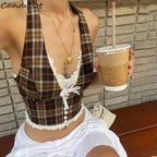 Candyhot Plaid Vintage Lace French Style Halter Crop Tops Retro Backless Sleeveless V-neck Slim Tops Casual Streetwear Camisole