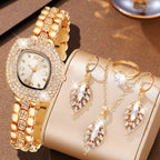5PCS Fashion Women Watch Set Luxury Trendy Leaf Element Quartz Watch Necklace Earrings Set Suitable for Daily Clothing Matching