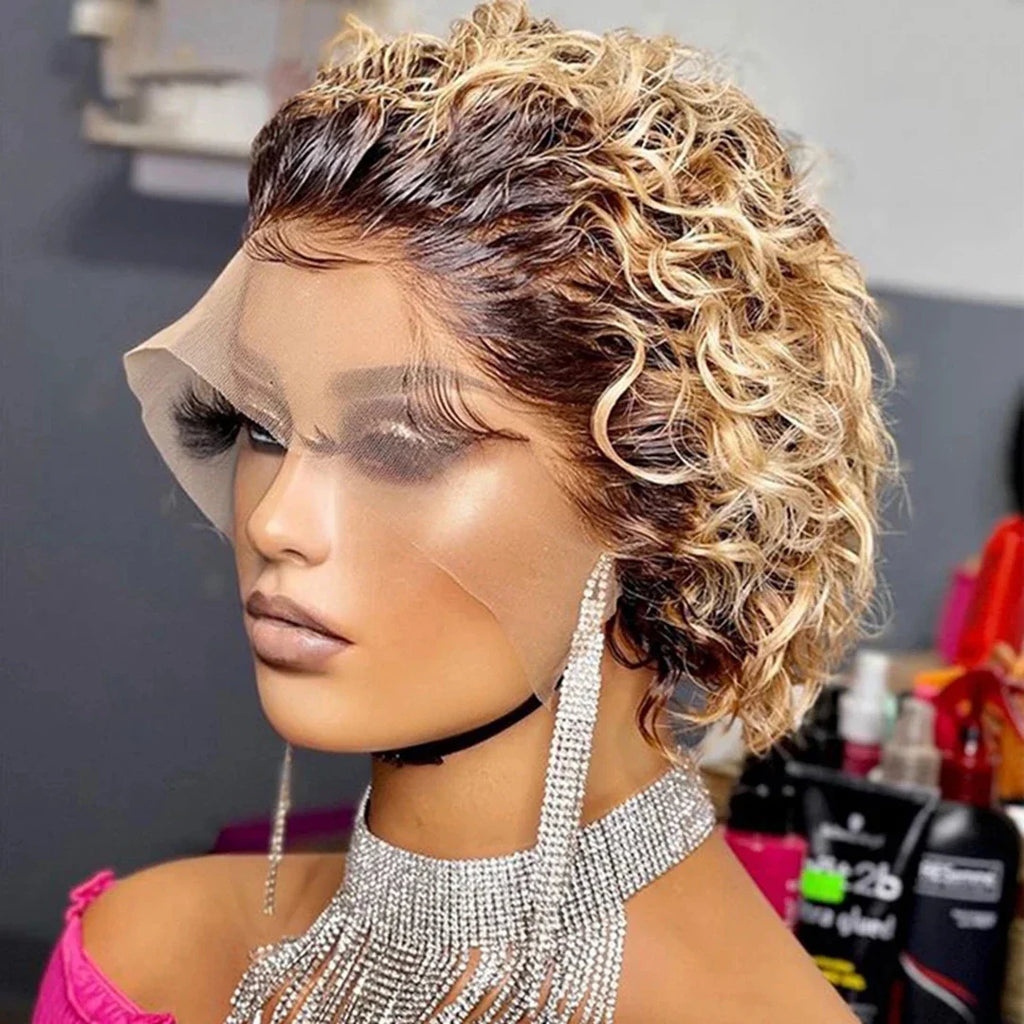 99J Burgundy Highlight Honey Colored Short Curly Pixie Cut Lace Wig Pre plucked Bob Wig 13x2 Lace Front Curly Human Hair Wigs