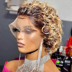 99J Burgundy Highlight Honey Colored Short Curly Pixie Cut Lace Wig Pre plucked Bob Wig 13x2 Lace Front Curly Human Hair Wigs