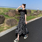 2024 New Summer Korean Version Elegant and Loose Floral Dress Short Sleeved Printed Patchwork Bandage for Women's Long Dress