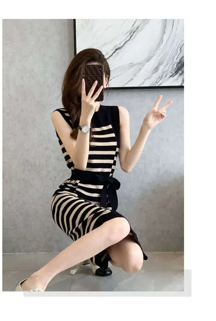2025 Summer New Over-knee Long Temperament Slim Waist Vest Sleeveless Slim Striped Knitted Dress