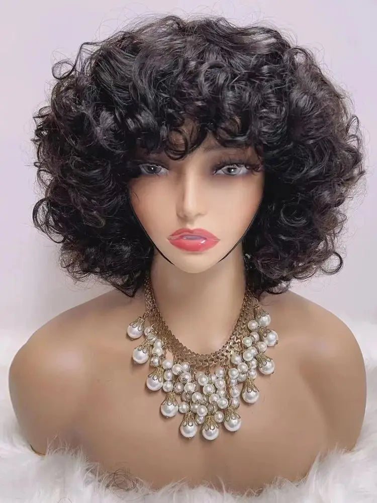 300% Pixie Cut Human Hair Wigs For Women Afro Rose Curly Funmi Glueless Wigs Human Hair Short Bouncy Curly Bob Wig With Bangs