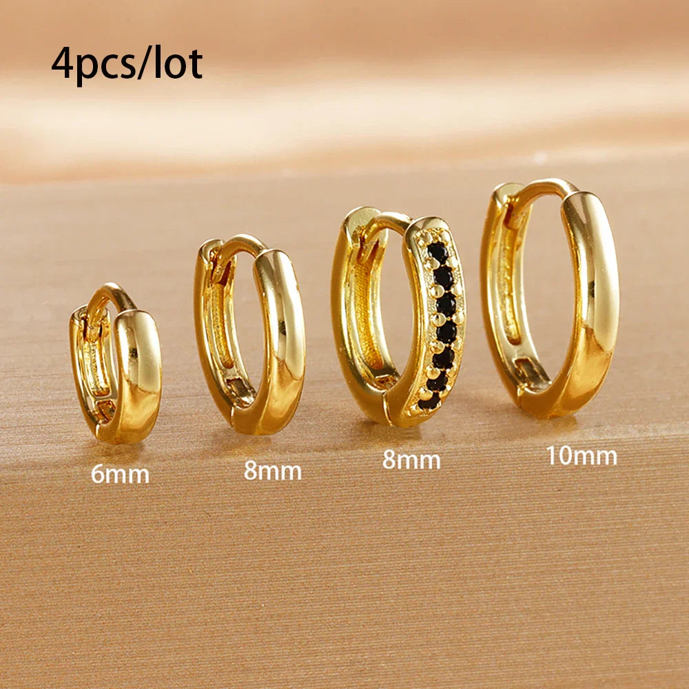 4PCS Set Stainless Steel Huggie Minimal Hoop Earrings 6/8/10mm Crystal Zirconia Helix Tragus Cartilage Earrings Piercing Jewelry