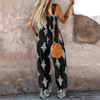 2025 Summer Female Jumpsuits with Pockets Fashion Printing Wide Legs High Waist Women's Rompers Sleeveless Strap Pants Trousers