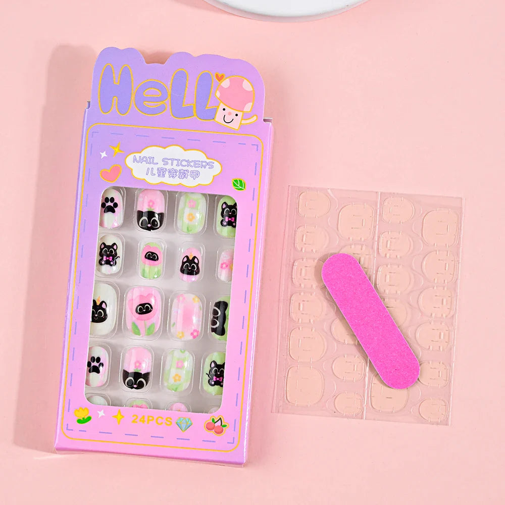 24Pcs Children Cartoon Nail Tips Colorful Cute Rabbit Pink Stars 6-14 Years old Girl Fake Nail With Jelly Glue Kids False Nail