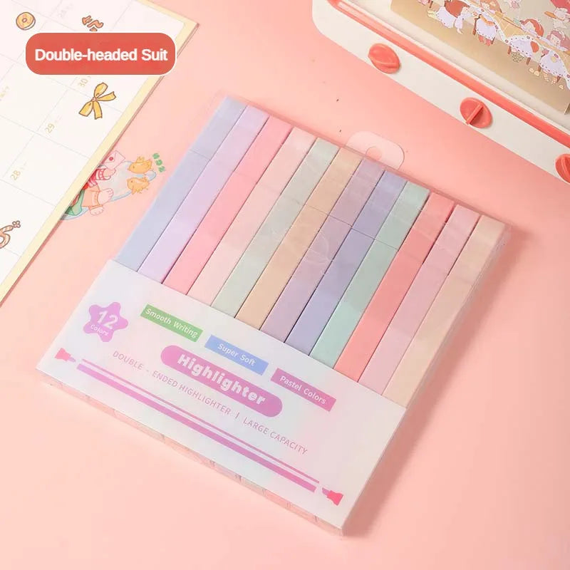 12 Pcs/Set Double Tip Highlighter Pens Kawaii Manga Markers Midliner Pastel Gel Set Stationery Journal School office Supplies