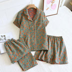 2025 New Spring/Summer Pajamas Three Piece Set Thin 100%Cotton Crepe Ladies Short Sleeves+Shorts+Pants Flip Collar Home Suit Set