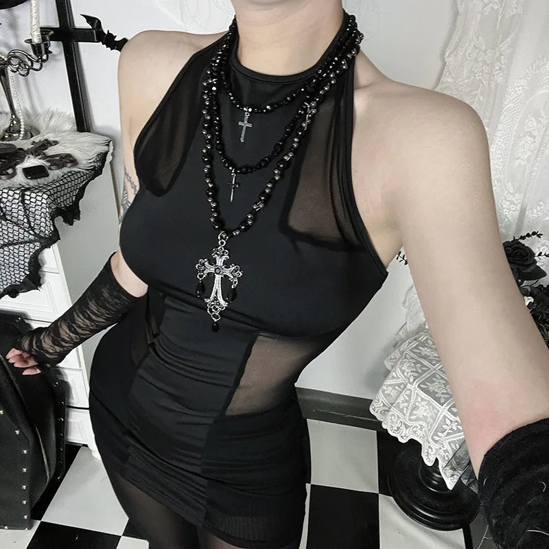 American Fashion Gothic Style Mesh Black Silk Sexy Trousers Suit Women's Summer Street Hip-hop Y2K Black Flared Pants