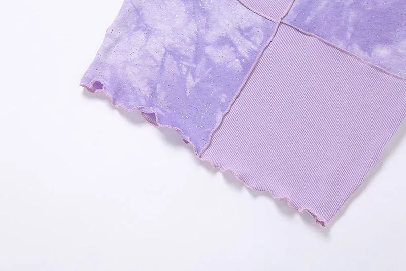 Chic Crop Tops Tees Tie Dye With Sequin Patchwork Women Summer T-shirts Ruffles Hem Purple Or Bule Clothes